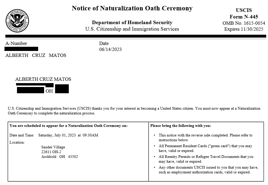 USCIS Oath Ceremony Notice
